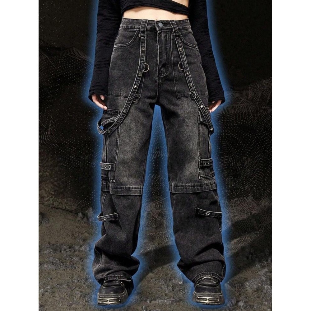 ROMWE Punk Strap Detail Cargo Boyfriend Goth Emo Tripp Rave Jeans Large (8/10)